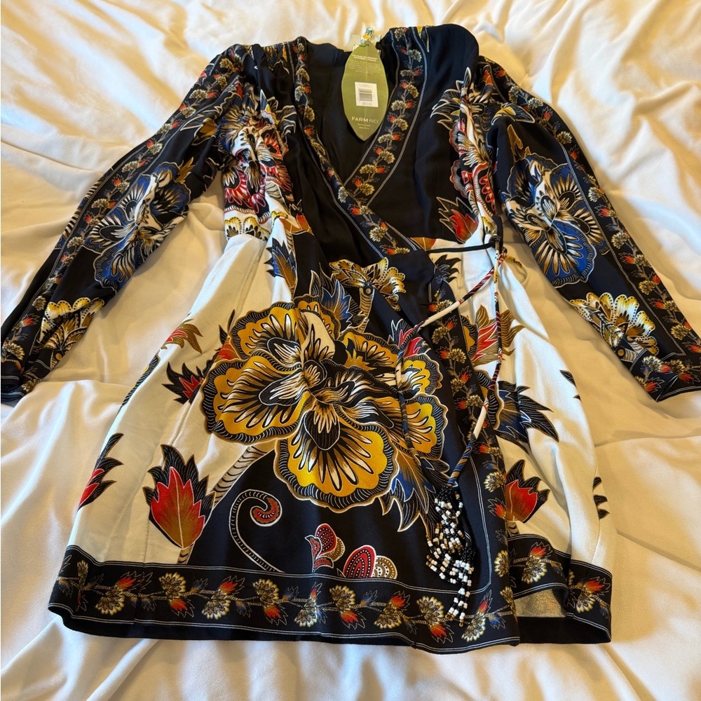 NWT Anthropologie x FARM Rio Maxi Black Floral Wrap Mini Dress Women’s Medium - Picture 6 of 12